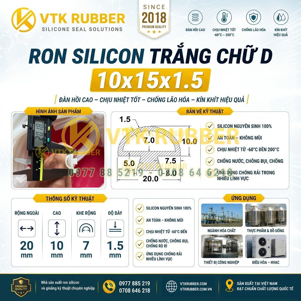 Ron silicon trắng chữ D 10x15x1.5 tại Lâm Đồng mềm dẻo, chịu nhiệt ổn định, phù hợp cửa máy, tủ điện và thiết bị công nghiệp