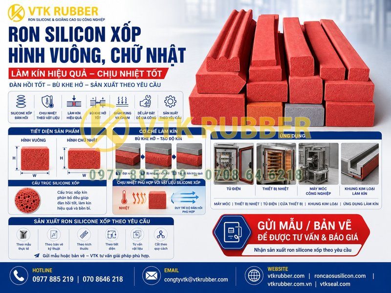 Ron silicon xốp hình vuông, chữ nhật – Làm kín hiệu quả, chịu nhiệt tốt