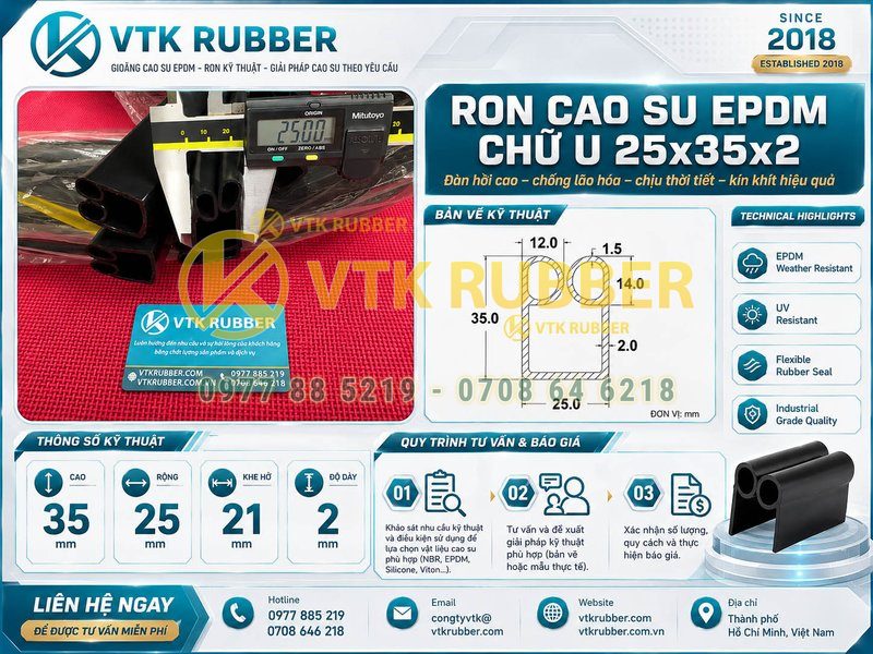 Ron cao su EPDM chữ U 25x35x2 tại Hải Phòng