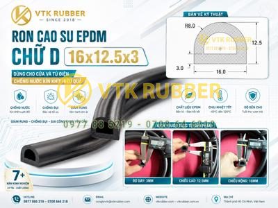 Ron cao su EPDM chữ D 16x12.5x3 cửa tủ điện tại Khánh Hòa