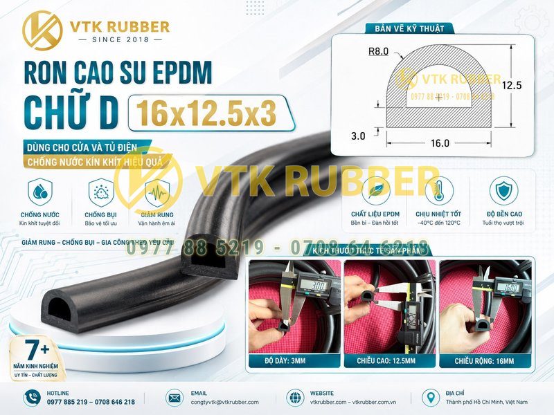 Ron cao su EPDM chữ D 16x12.5x3 cửa tủ điện tại Khánh Hòa
