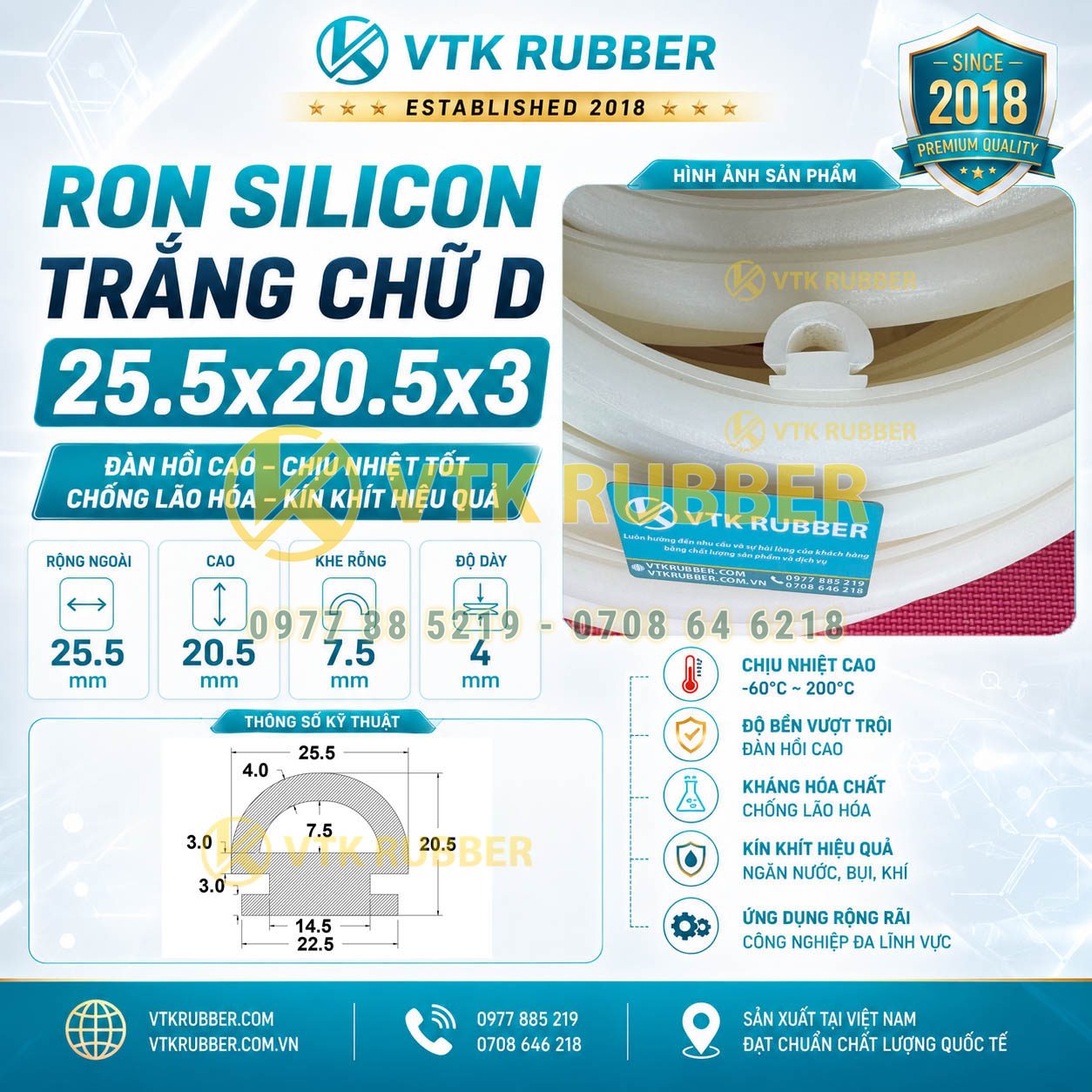 Cung cấp ron silicon trắng chữ D 25.5x20.5x3 tại Vĩnh Long, chống nước, chịu nhiệt, phù hợp máy móc và cửa kỹ thuật công nghiệp