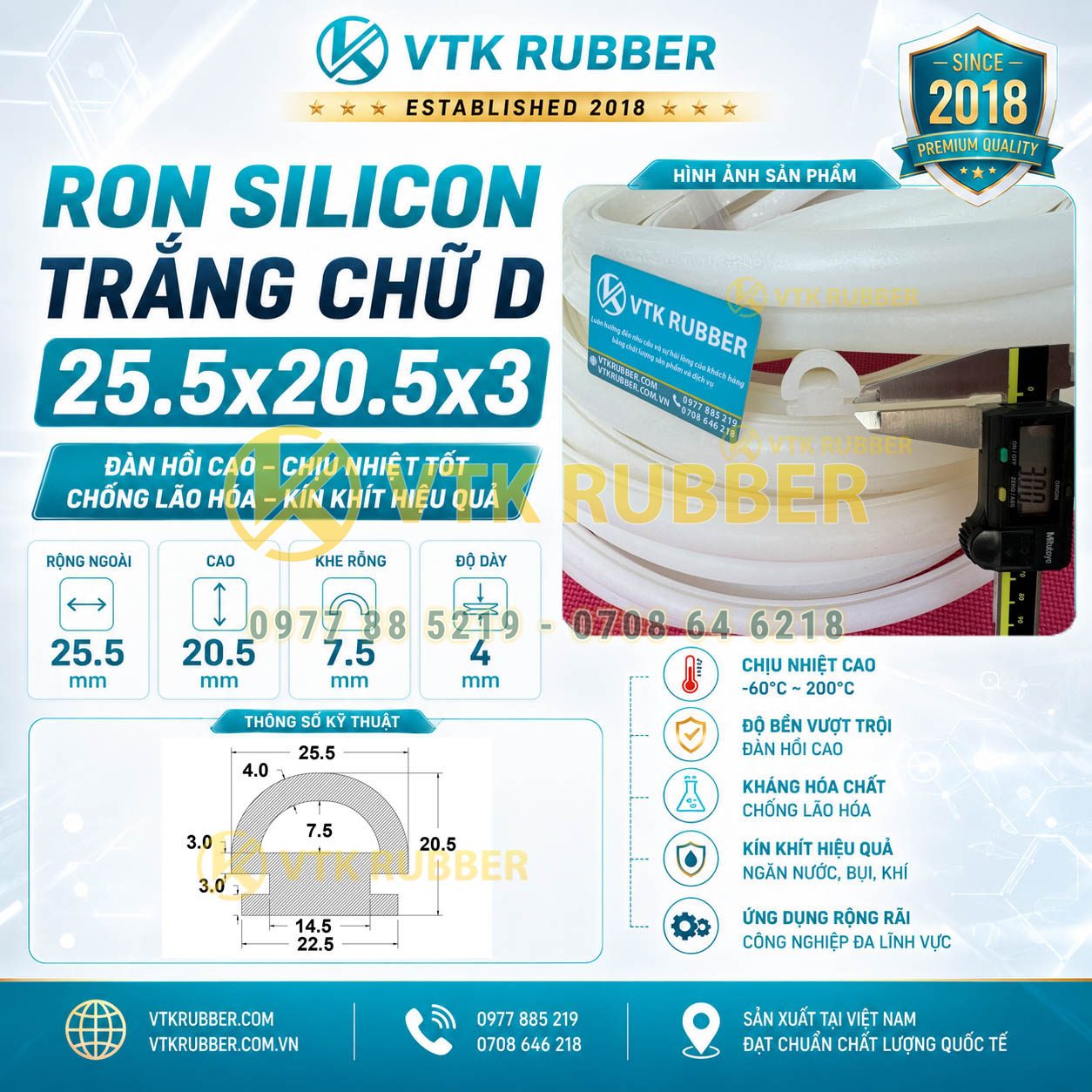 Cung cấp ron silicon trắng chữ D 25.5x20.5x3 tại Vĩnh Long, chống nước, chịu nhiệt, phù hợp máy móc và cửa kỹ thuật công nghiệp