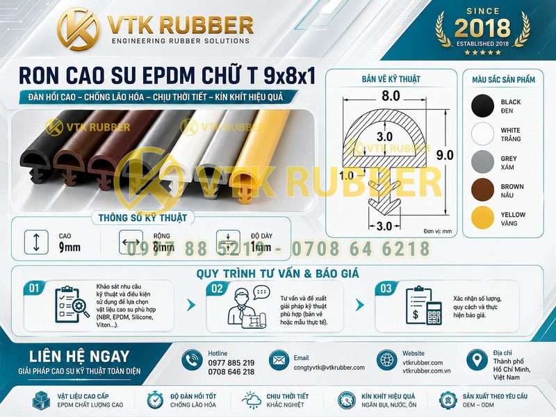 Ron cao su EPDM nâu chữ T 9x8x1 tại Đồng Nai