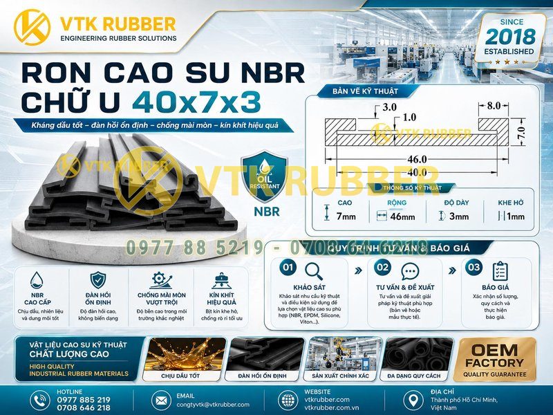 Ron cao su NBR chữ U 40x7x3, khe 1mm tại Cần Thơ
