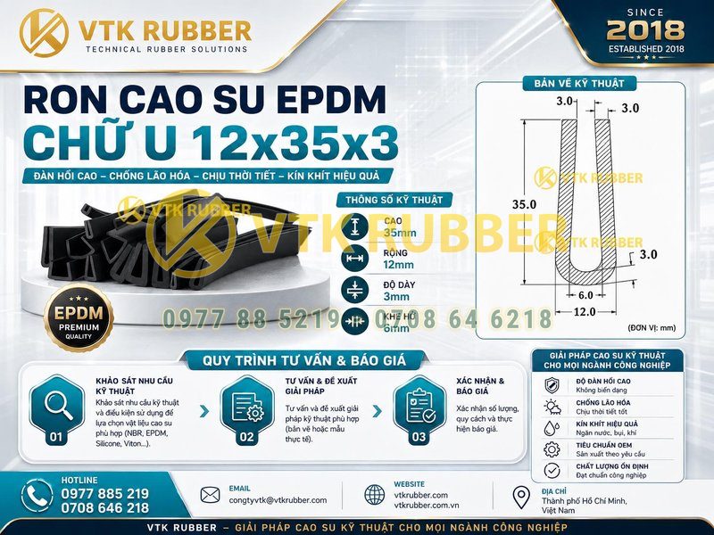 Ron cao su EPDM chữ U 12x35x3, khe hở 6mm tại Đồng Nai