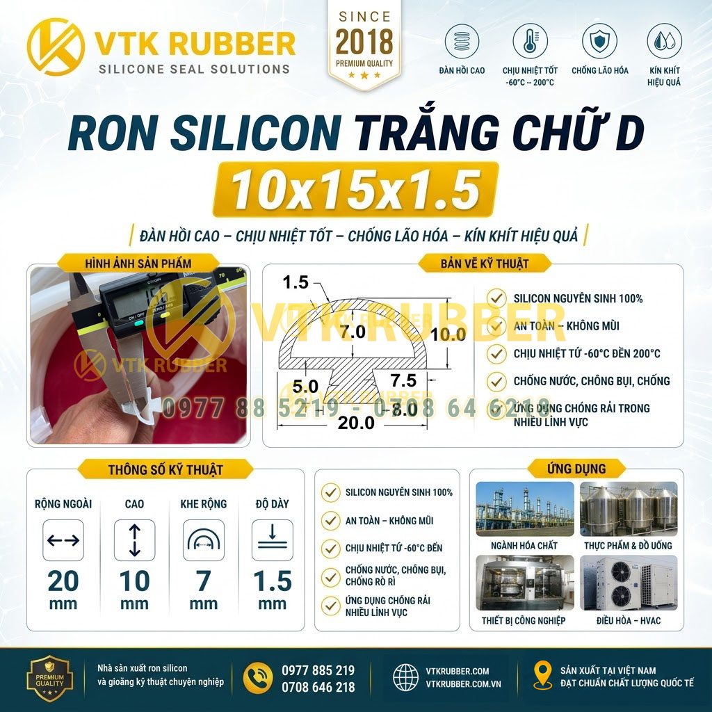 Ron silicon trắng chữ D 10x15x1.5 tại Lâm Đồng mềm dẻo, chịu nhiệt ổn định, phù hợp cửa máy, tủ điện và thiết bị công nghiệp