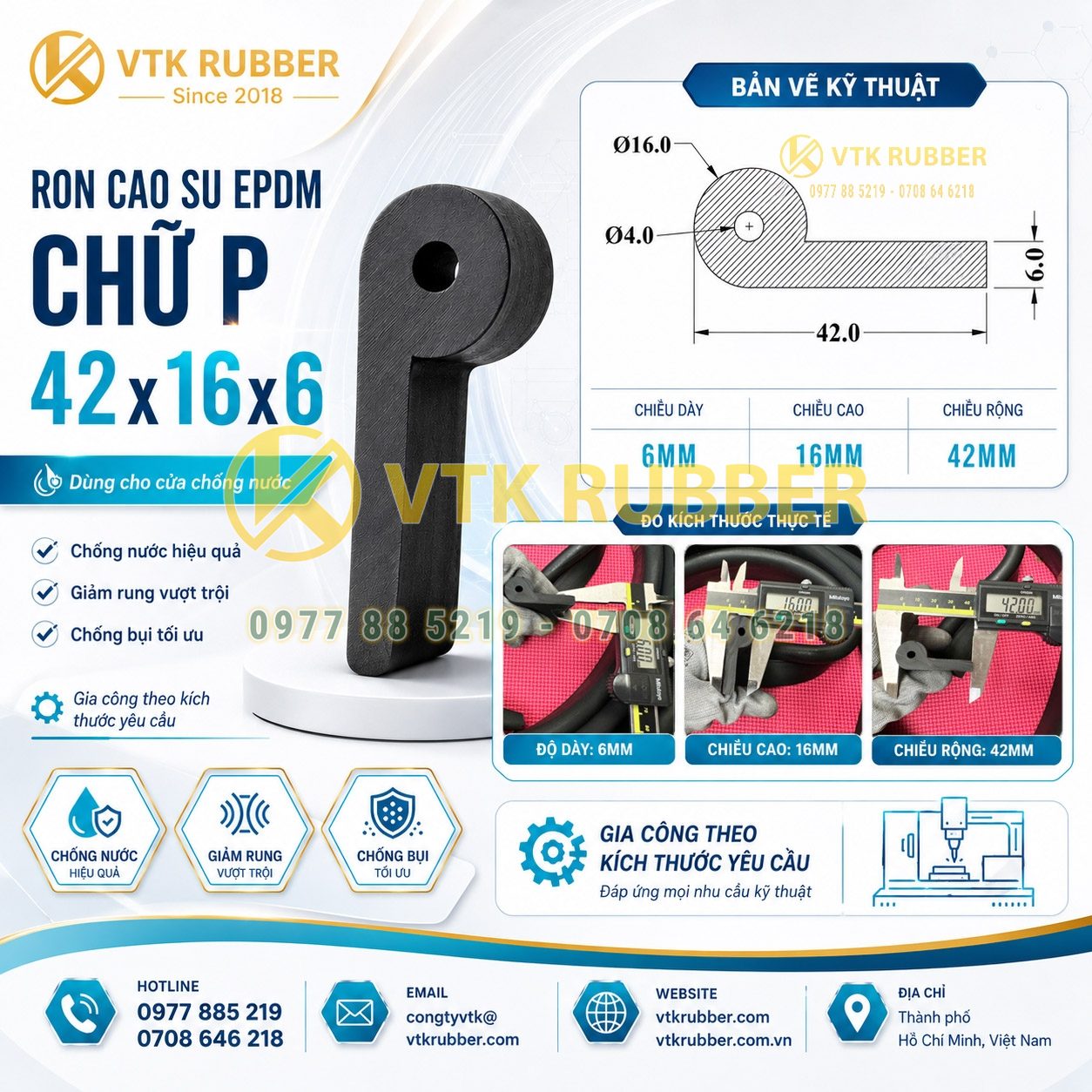 Ron cao su EPDM chữ P 42x16x6 tại Bắc Ninh chuyên chống nước, giảm rung và chống bụi cho cửa công nghiệp, cửa kỹ thuật và thiết bị cơ khí.