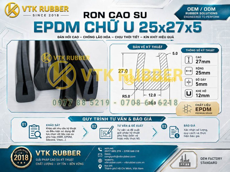 Ron cao su EPDM chữ U 25x27x5, khe 12mm tại Cà Mau
