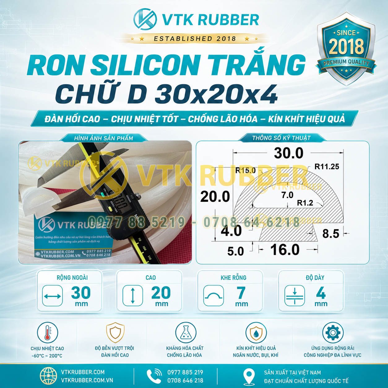 Gia công ron silicon trắng chữ D 30x20x4 tại Hưng Yên, chịu nhiệt cao, chống bụi và chống rung hiệu quả cho thiết bị công nghiệp