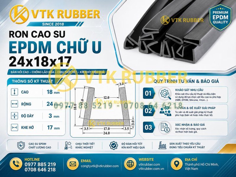 Ron cao su EPDM chữ U 24x18x17, khe 17mm tại Đà Nẵng