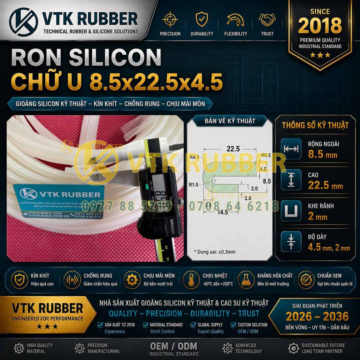 Ron silicon trắng chữ U 8.5x22.5x4.5 chịu nhiệt cao, mềm dẻo, an toàn, chuyên dùng cho máy móc và thiết bị công nghiệp tại Đà Nẵng