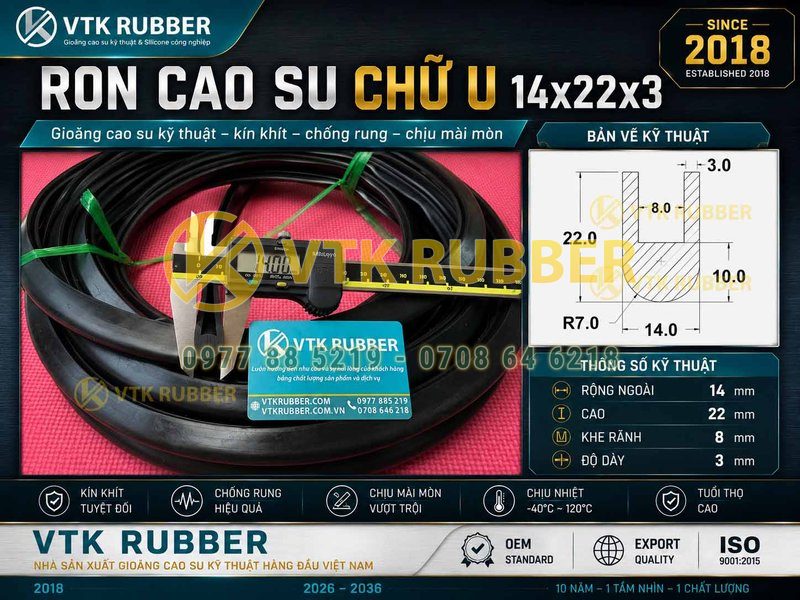 Ron cao su EPDM chữ U 14x22x3 chất lượng tại Hải Phòng
