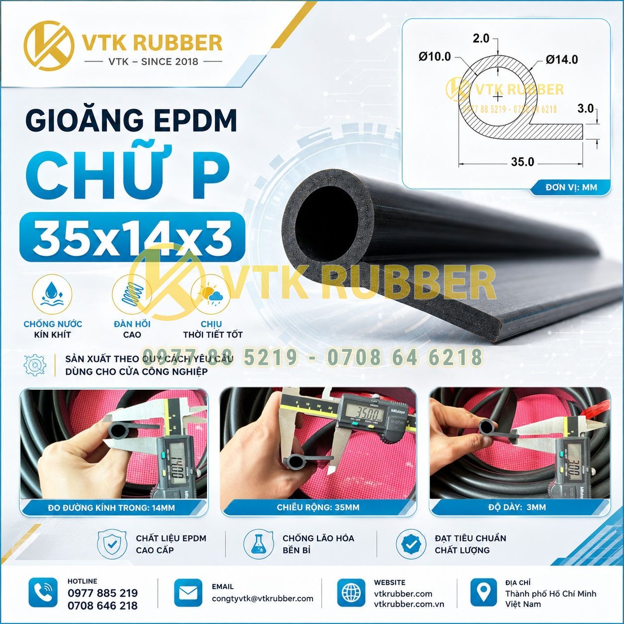 Gioăng EPDM chữ P 35x14x3 tại Vĩnh Long chuyên chống nước, chống bụi và tăng độ kín khít cho cửa công nghiệp, cửa kỹ thuật và thiết bị cơ khí