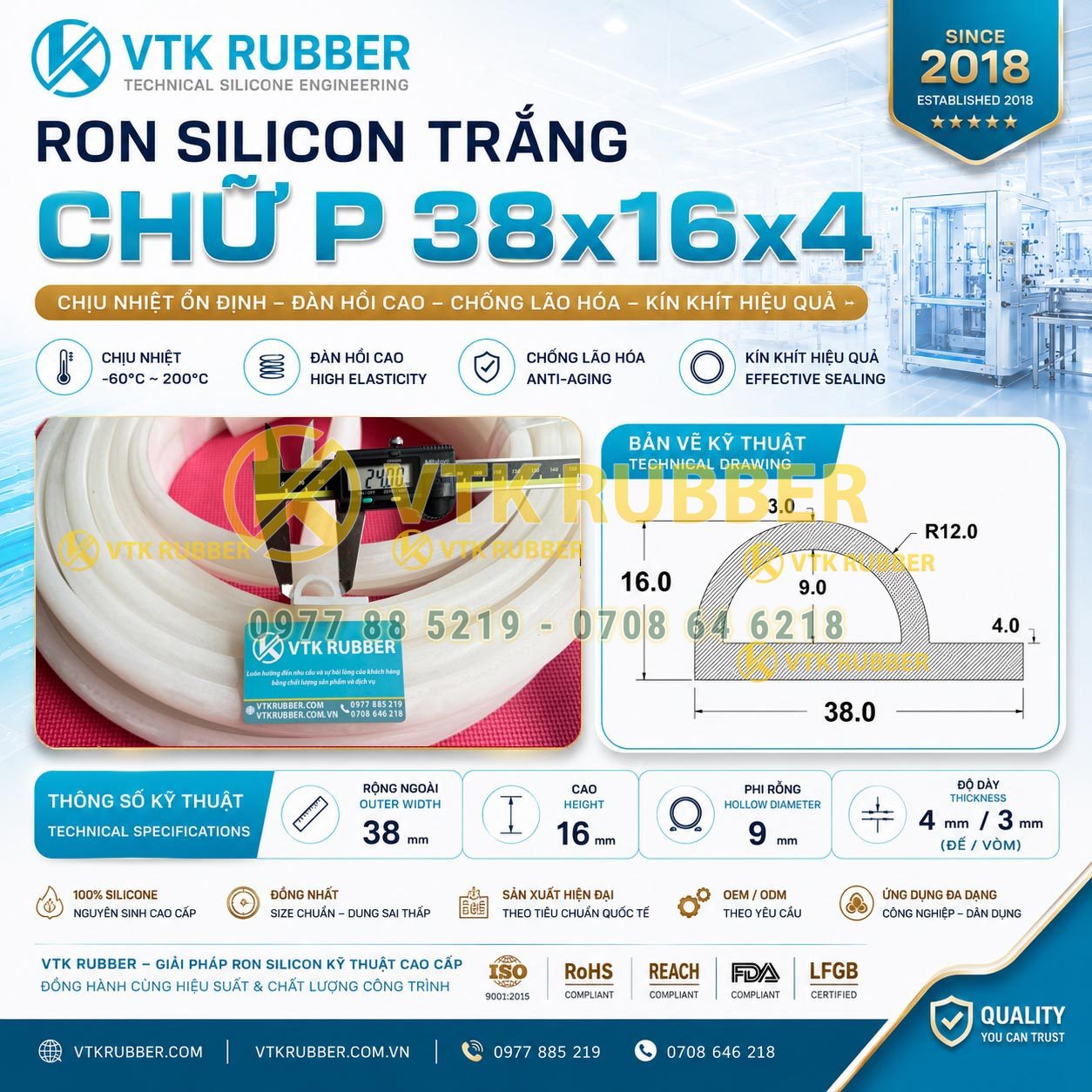 Cung cấp ron silicon trắng chữ P 38x16x4 tại An Giang, chịu nhiệt cao, chống rung, chống bụi cho hệ thống cửa và máy công nghiệp
