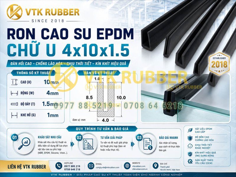 Ron cao su EPDM chữ U 4x10x1.5, khe 1mm tại Thái Nguyên