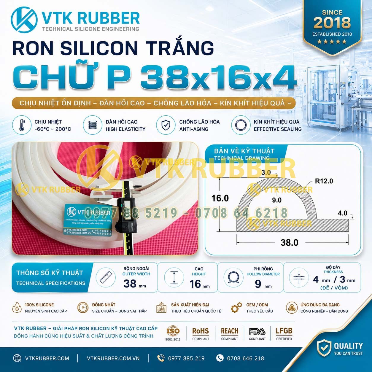 Cung cấp ron silicon trắng chữ P 38x16x4 tại An Giang, chịu nhiệt cao, chống rung, chống bụi cho hệ thống cửa và máy công nghiệp