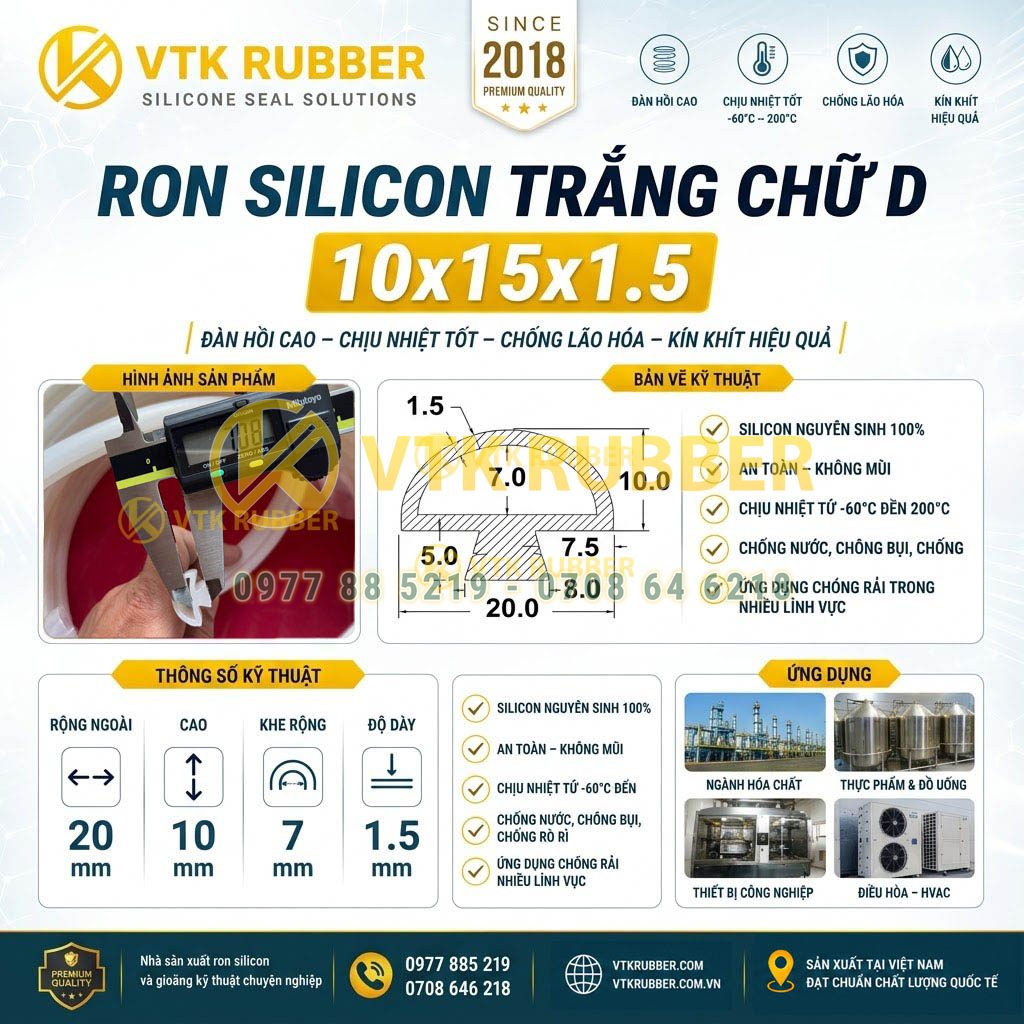 Ron silicon trắng chữ D 10x15x1.5 tại Lâm Đồng mềm dẻo, chịu nhiệt ổn định, phù hợp cửa máy, tủ điện và thiết bị công nghiệp