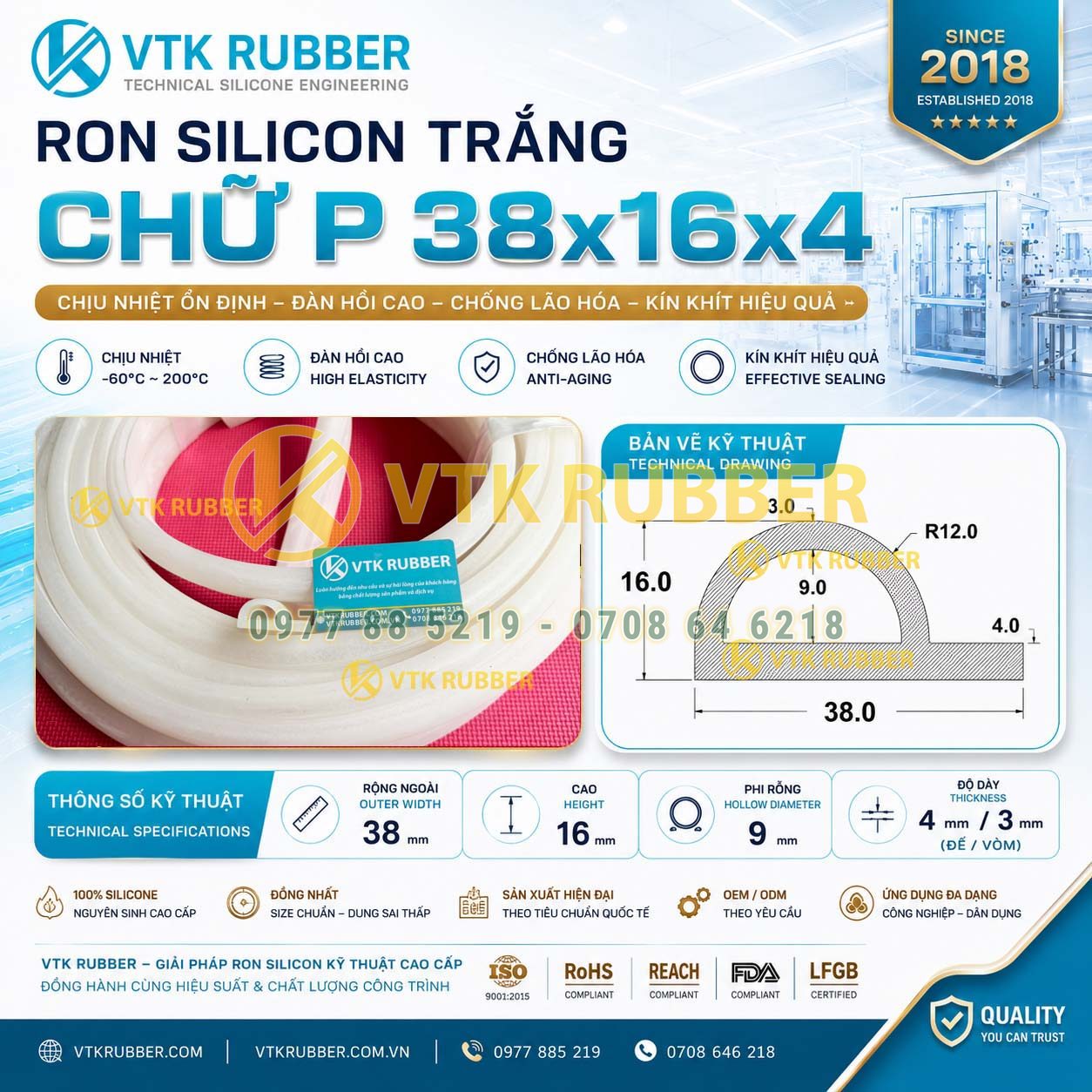 Cung cấp ron silicon trắng chữ P 38x16x4 tại An Giang, chịu nhiệt cao, chống rung, chống bụi cho hệ thống cửa và máy công nghiệp