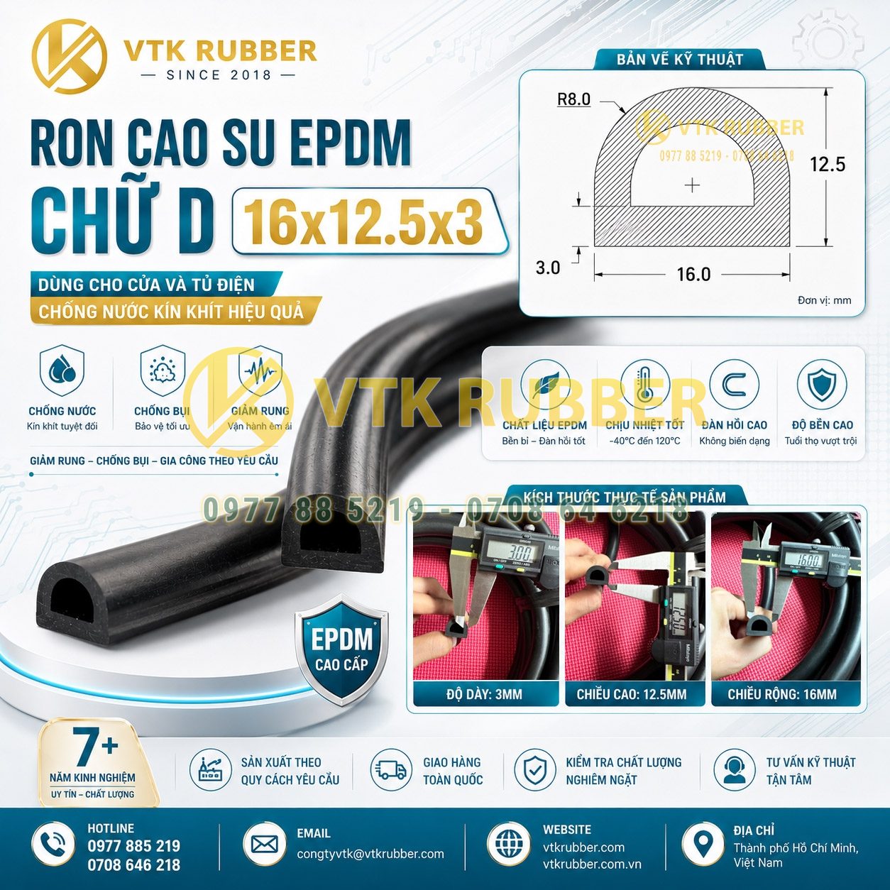 Ron cao su EPDM chữ D 16x12.5x3 tại Khánh Hòa chuyên chống nước, chống bụi và giảm rung cho cửa kỹ thuật, tủ điện và thiết bị công nghiệp