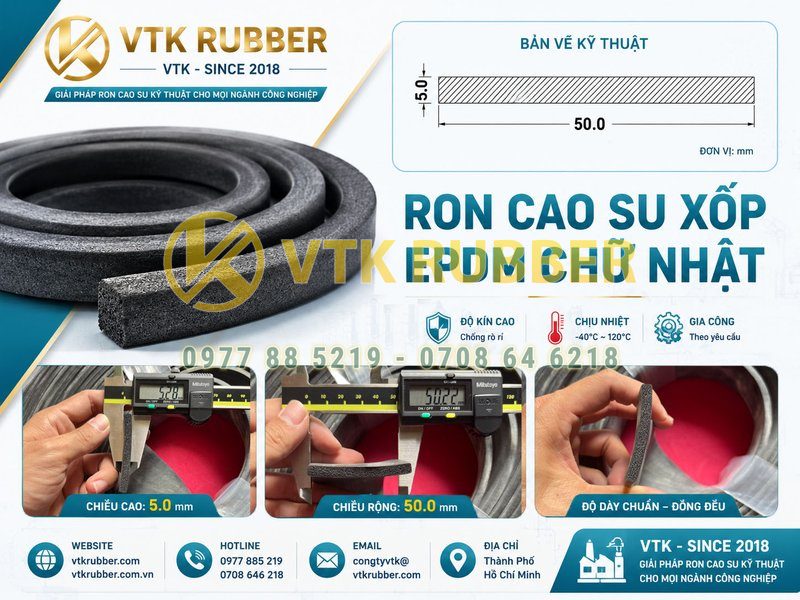 Ron xốp EPDM chữ nhật 5x50 chống nước, cách âm tại Tây Ninh