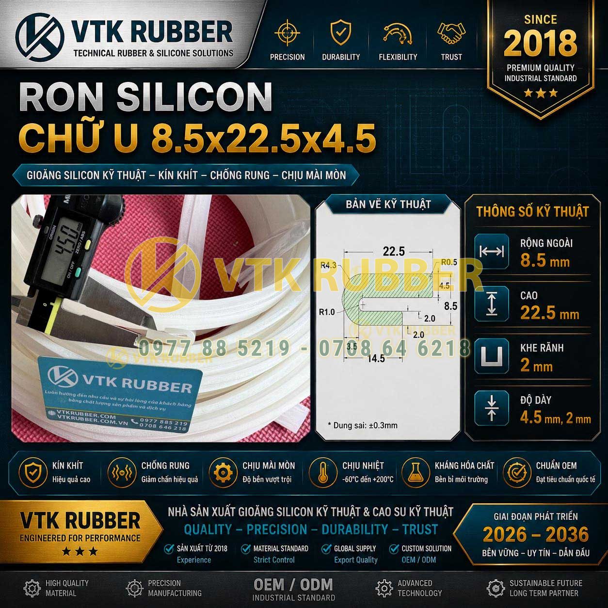 Ron silicon trắng chữ U 8.5x22.5x4.5 chịu nhiệt cao, mềm dẻo, an toàn, chuyên dùng cho máy móc và thiết bị công nghiệp tại Đà Nẵng