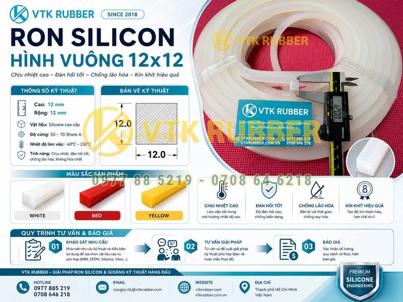 Ron silicon hình vuông 12x12 chịu nhiệt cho thiết bị tại Cà Mau