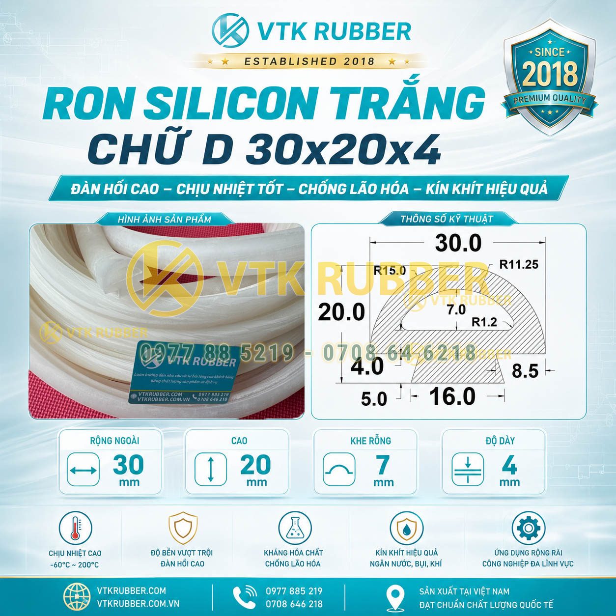 Gia công ron silicon trắng chữ D 30x20x4 tại Hưng Yên, chịu nhiệt cao, chống bụi và chống rung hiệu quả cho thiết bị công nghiệp